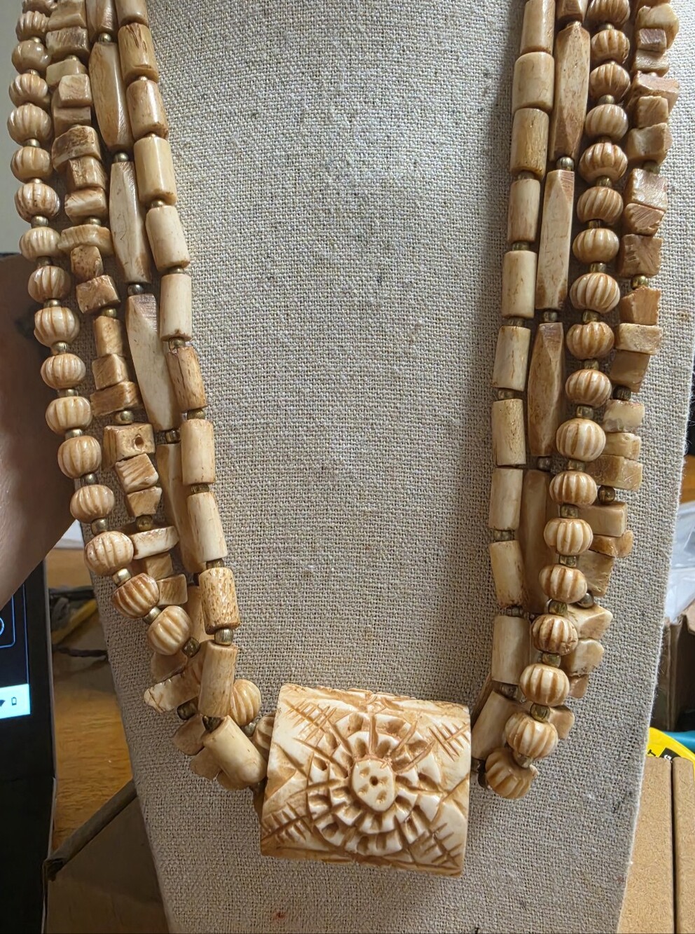 Vintage Hand-Carved Ox Bone 4 Strand Ethnic Boho Statement Necklace - Picture 8 of 8